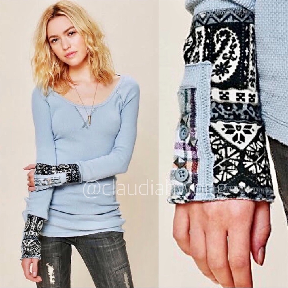 FREE PEOPLE Hyperactive Hippie Fair Isle Cuff Thermal Long Sleeve Top in Blue